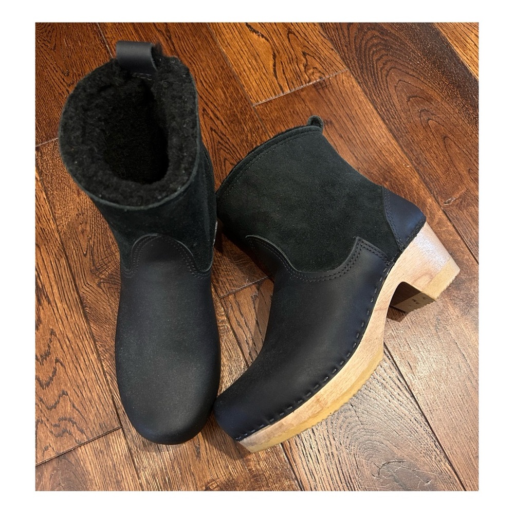 No.6 Pull on Shearling Clog Boot on Mid Heel in Black Suede